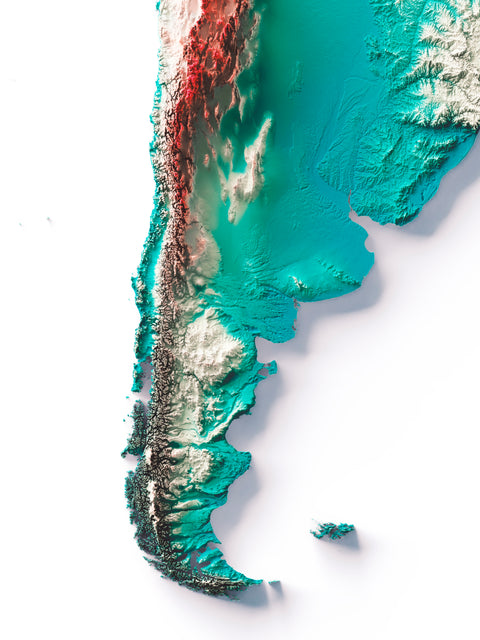 South America, Elevation tint - Spectral, 2D printed shaded relief map with 3D effect of South America with irid tint. Shop our beautiful fine art printed maps on supreme Cotton paper. Vintage maps digitally restored and enhanced with a 3D effect., VizCart from Vizart